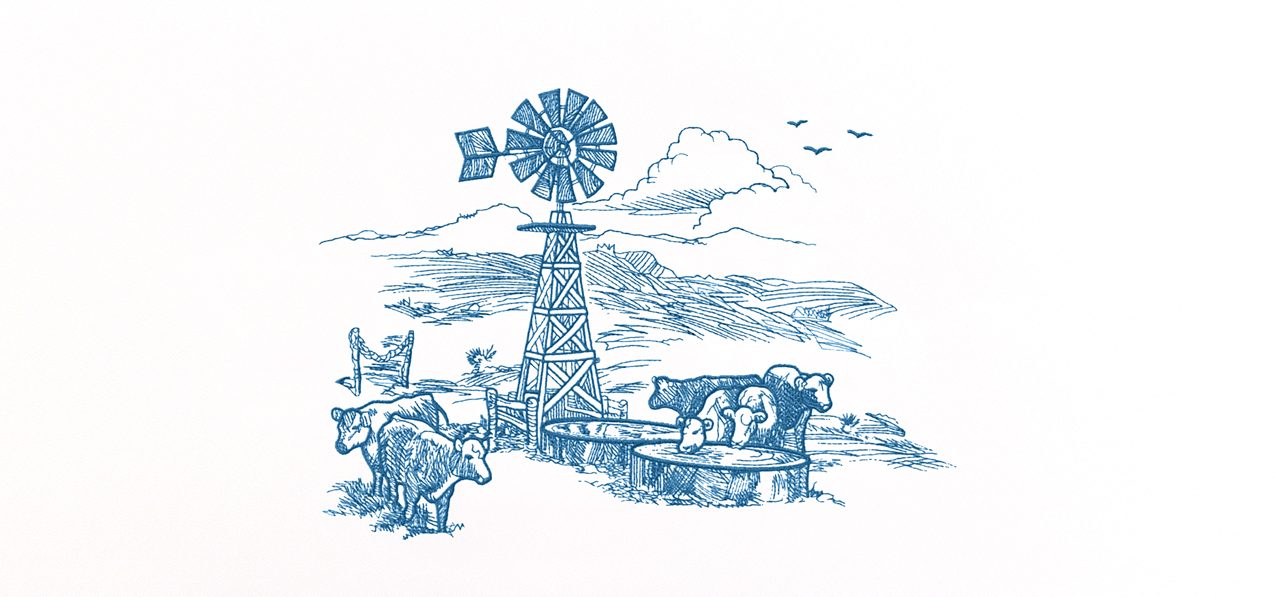 Cattle Scene Blue White Faux